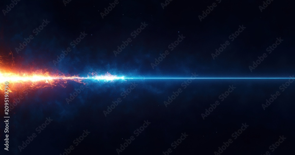 Fototapeta premium Fiery orange explosion meeting icy blue energy beam across a dark starfield, a dramatic tense cosmic clash with a glowing horizontal streak