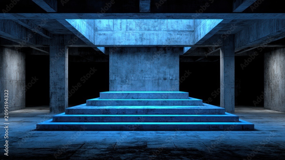 Obraz premium Elevated concrete platform illuminated by striking blue light within a raw industrial structure
