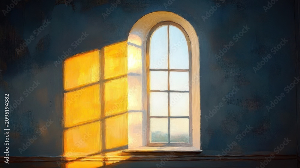 Obraz premium sunlit arched window casting warm golden panes and long shadows on a dark blue wall, serene quiet morning mood