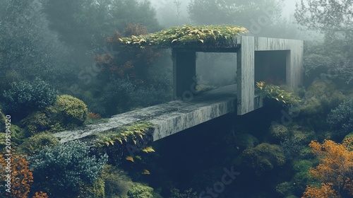 Concrete bridge covered with moss and plants in a foggy forest landscape evoking a sense of mystery and tranquility