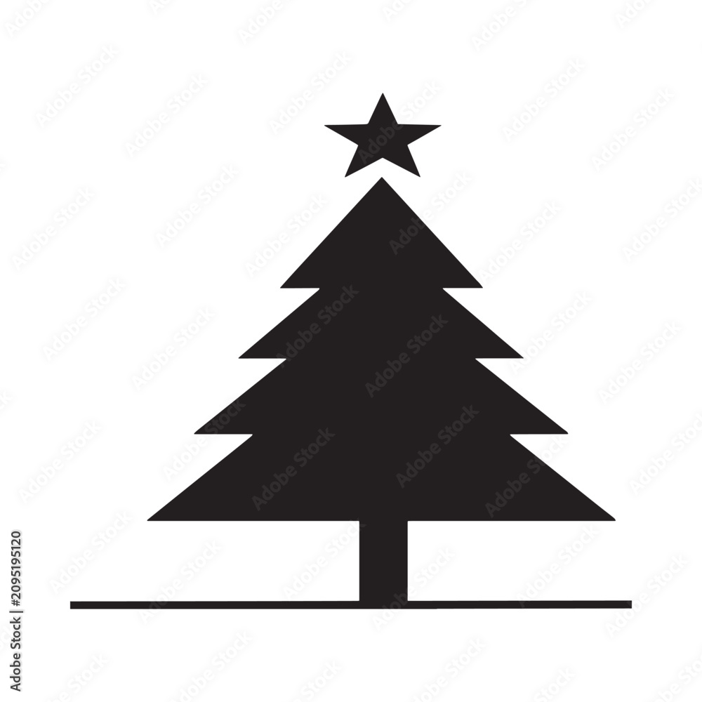 Fototapeta premium Fir Tree Silhouette With Star Black On White Background