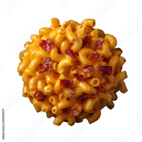 Delicious macaroni and cheese pasta dish topped with crispy smoked bacon bits isolated on a solid black background isolated on a transparent background