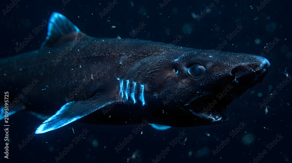 Fototapeta premium Ninja lanternshark glowing blue closeup