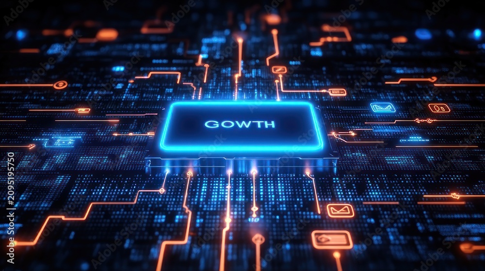 Obraz premium futuristic microchip labeled GOWTH on a glowing blue and orange circuit board emitting neon data streams, conveying dynamic optimistic technological growth