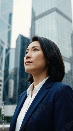 Professional Woman Standing in Modern Financial District