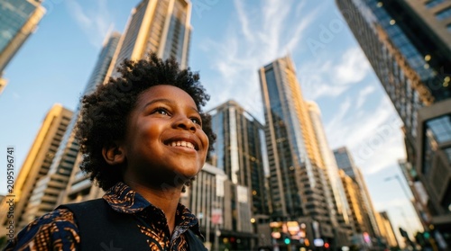 Curly Haired Child Looking Up at Urban Skyline with Wonder