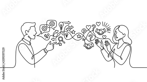 Business communication and collaboration concept: two people exchanging ideas and solutions