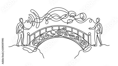 Connection Bridge: Two people communicating across a bridge with sound waves, abstract line art.