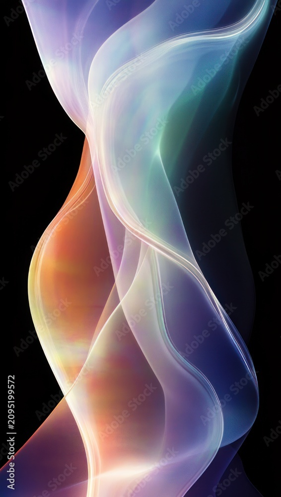 Naklejka premium Ethereal translucent ribbons of colored light flowing and intertwining against a deep black background, serene and graceful