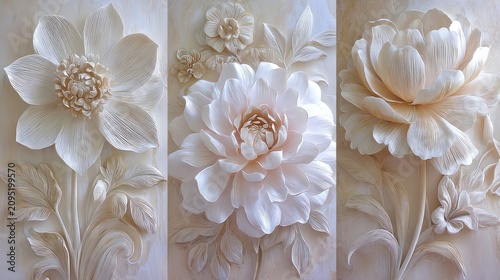 Three elegant floral sculptures display intricate three dimensional paper cut artistry in soft neutral tones.