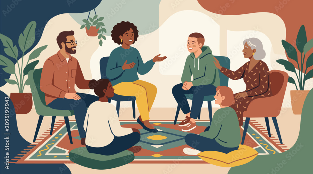 Fototapeta premium Diverse group of people in a circle sharing and supporting each other in a cozy room with plants