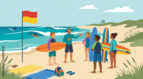 Surf instructor teaching children about ocean safety and surfing on a sunny beach with waves and surfboards