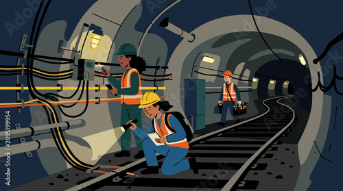 Diverse construction workers inspect electrical systems and tracks in a dark subway tunnel with safety vests and flashlights