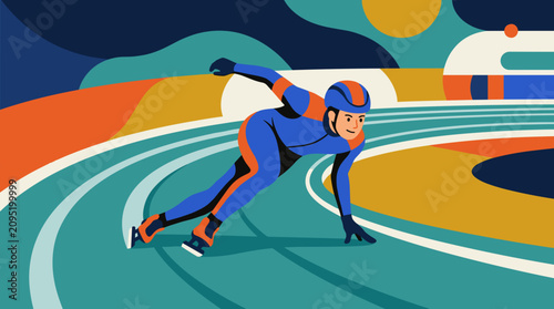 Speed skater in blue and orange suit on track with abstract colorful background and sun