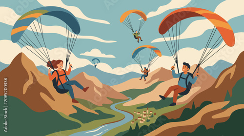 Diverse Group of People Enjoying Paragliding Adventure Over Scenic Mountain Valley with River and Village