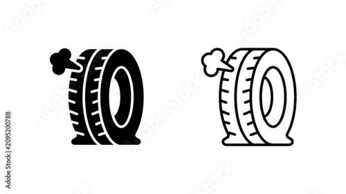 Deflating Tire Air Leak Glyph and Outline Icon for Auto Repair