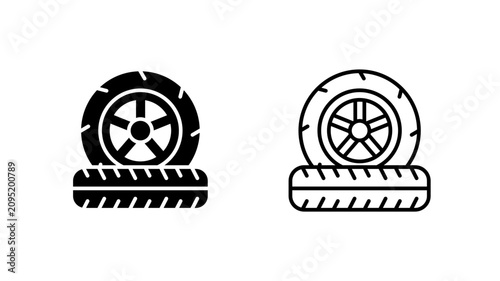 Spare Wheel on Tire Tread Glyph and Outline Icon for Vehicle Service