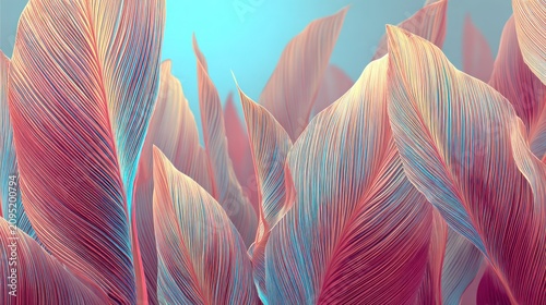 Abstract botanical forms display intricate linear details against a soft blue background