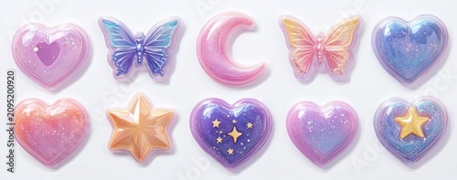 ten glossy pastel resin stickers shaped like hearts, butterflies, a crescent moon and stars with iridescent glitter evoking a whimsical dreamy joyful mood