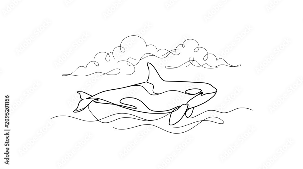 Obraz premium Continuous Line Drawing of an Orca Whale Breaching in the Ocean Under Clouds