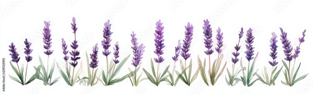 Fototapeta premium Hand-painted row of lavender sprigs with purple flower spikes and green leaves on white background, evoking calm and delicate serenity