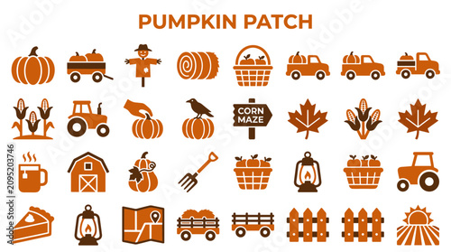 Tableau sur toile Autumn harvest icons and symbols featuring pumpkins, hay bales, scarecrows, trac