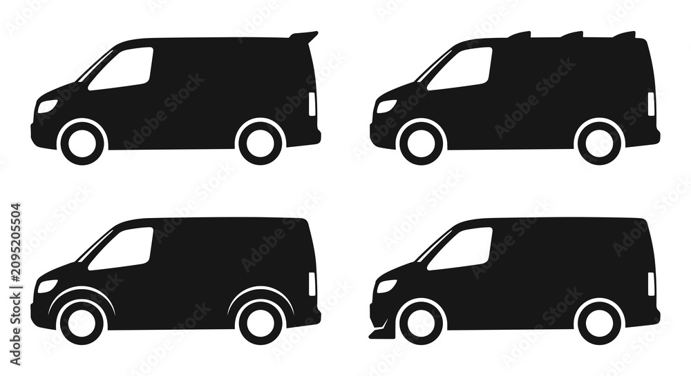 Fototapeta premium Black cargo van silhouette set showing different exterior variations