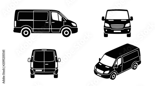 Cargo van icons set with side front back and isometric views