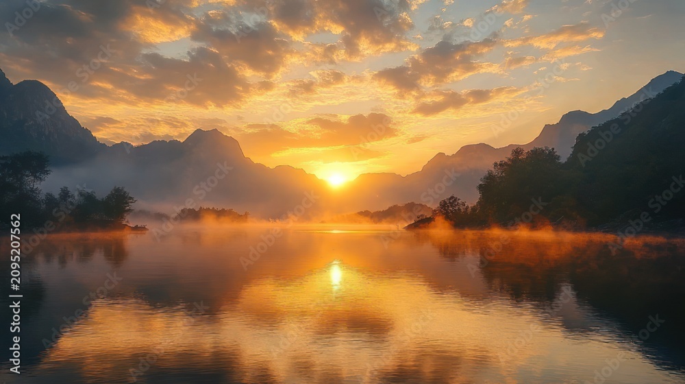 Fototapeta premium Golden sunrise over a misty mountain lake with glowing reflections and a tranquil, serene atmosphere