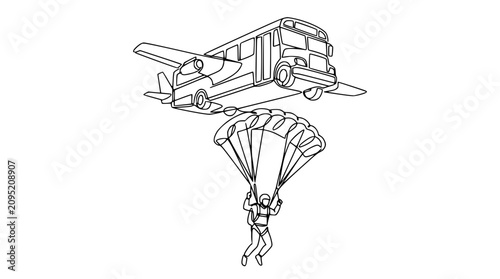 Obraz na plátně Bus Airplane Hybrid with Parachutist Descending - Surreal Transportation Concept