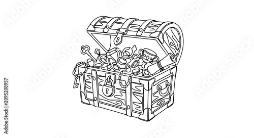 Εκτύπωση καμβά Open Treasure Chest Filled With Gold Coins, Jewels, and Keys - Line Art