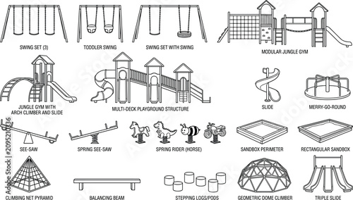 Architectural Set of Playground Equipment Icons Featuring Swings, Slides, Jungle Gyms, and Outdoor Play Structures