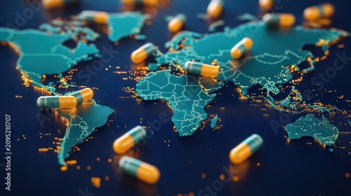 yellow and green capsules scattered across an illuminated digital world map with glowing data points, evoking urgent global medicine distribution and concern