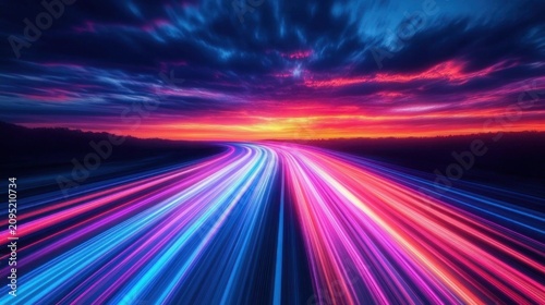 Neon light trails sweeping along a glowing highway toward a vibrant sunset horizon under dramatic colorful clouds, evoking speed and futuristic energy