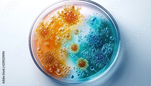Vibrant orange and blue microbial colonies with shimmering bubbles in a petri dish, vivid color contrast evoking scientific curiosity and discovery