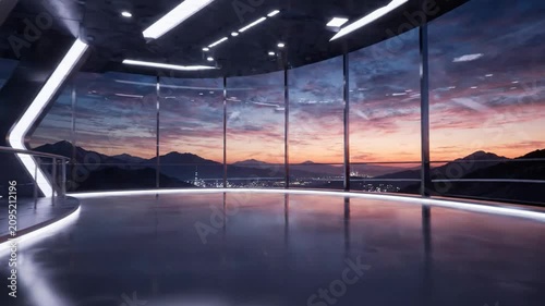 Futuristic modern interior observation deck with panoramic mountain sunset view, sleek architectural and cinematic lighting background, png. ai generated