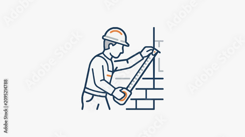 Obraz na płótnie Construction Worker Measuring Brick Wall.
