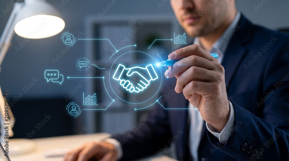 Obraz premium Professional businessman using digital pen to interact with holographic handshake icon for business partnership and negotiation concepts in modern office setting
