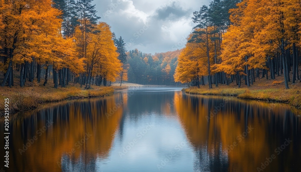 Obraz premium Tranquil autumn lake framed by orange-leaved trees with mirror reflections under a moody cloudy sky