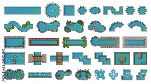 Swimming pool shapes landscape design elements top view water feature vector