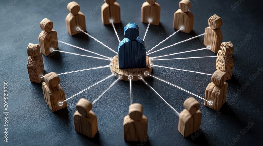 Obraz premium blue wooden leader on a round base connected by white strings to surrounding natural wood peg people in a circle, conveying leadership, connection and teamwork