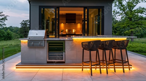 Outdoor luxury kitchen with modern grill and bar stools on a lit backyard patio