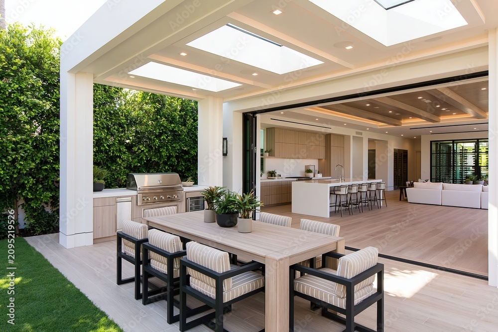 Obraz premium Patio dining area with modern outdoor kitchen design in a luxury home architecture