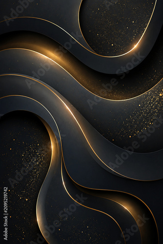 Abstract luxury background with golden flowing waves on black texture, elegant dark and gold design concept for premium branding