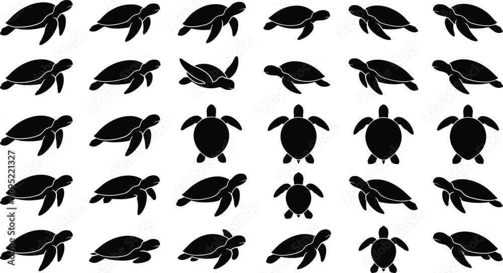 Fototapeta premium Sea turtle silhouettes big collection showing swimming and top view angles isolated on white background