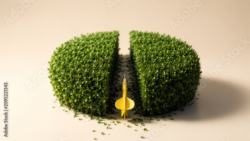 A minimalist conceptual image of a yellow dart cutting a precise path through a neatly trimmed hedge - Generative AI
