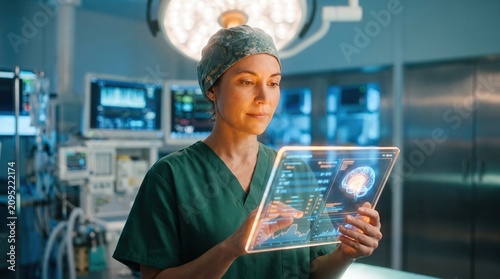 Female Surgeon Using Transparent Digital Tablet with Brain Scan in Operating Room for Neurosurgery and Advanced Medical Technology