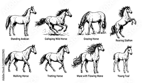 Konstfotografi Hand Drawn Horse Sketch Vector Collection Showing Standing Galloping Grazing Rea