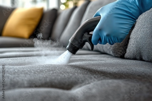 Gloved hand using a steam cleaning nozzle spraying steam on a grey tufted sofa cushion with a blurred couch and yellow pillow in the background, evoking freshness and cleanliness