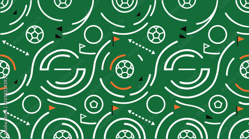 Fototapeta premium Seamless pattern of abstract soccer balls and tactical field movement strategy
